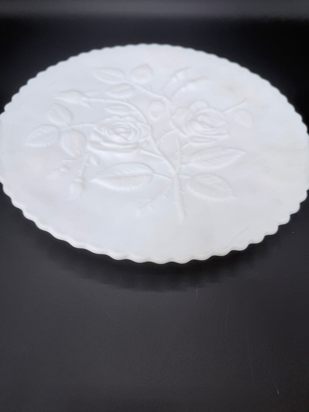 Vintage Imperial Rose Doeskin Milk Glass 12.5in Torte Plate UV Reactive